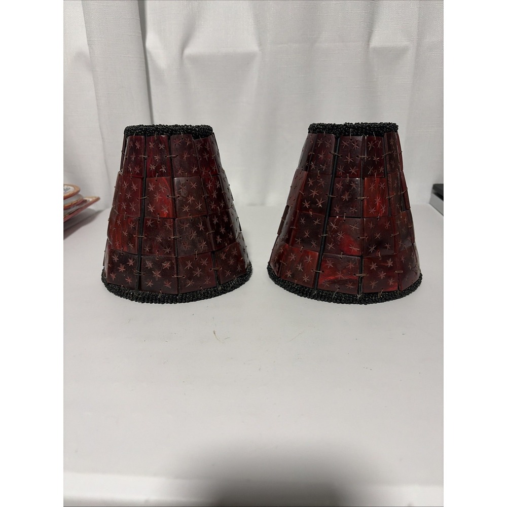 Bombay Carved Wood Tile & Bead Lamp Shades Set of 2 Red Bell Shape Vintage India